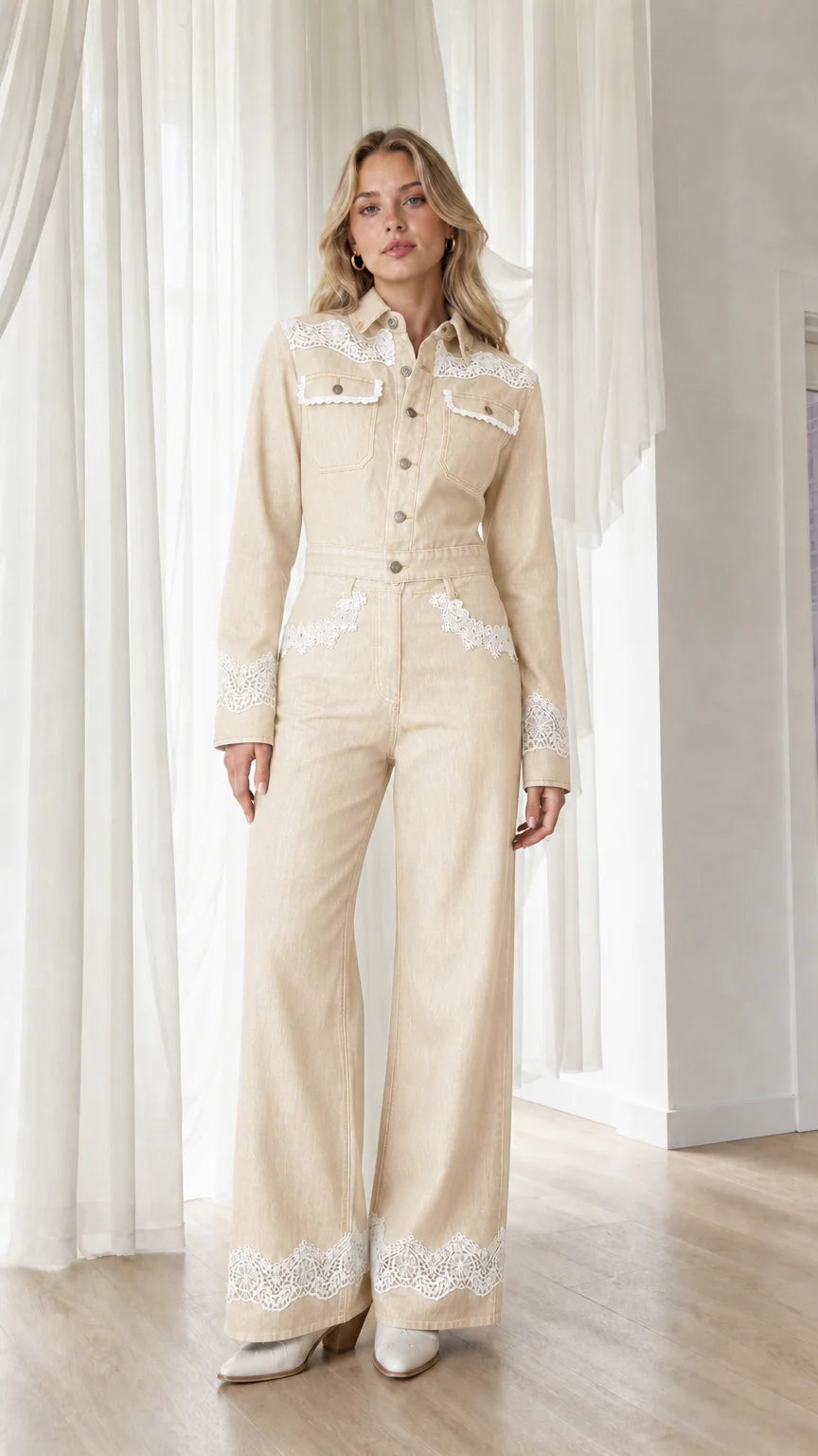 Model wearing beige western lace trim denim jumpsuit