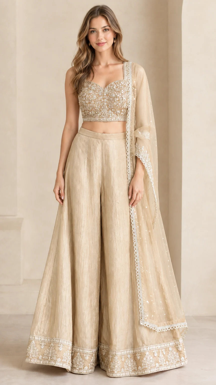 Champagne gold embroidered festive crop top and palazzo pants ensemble