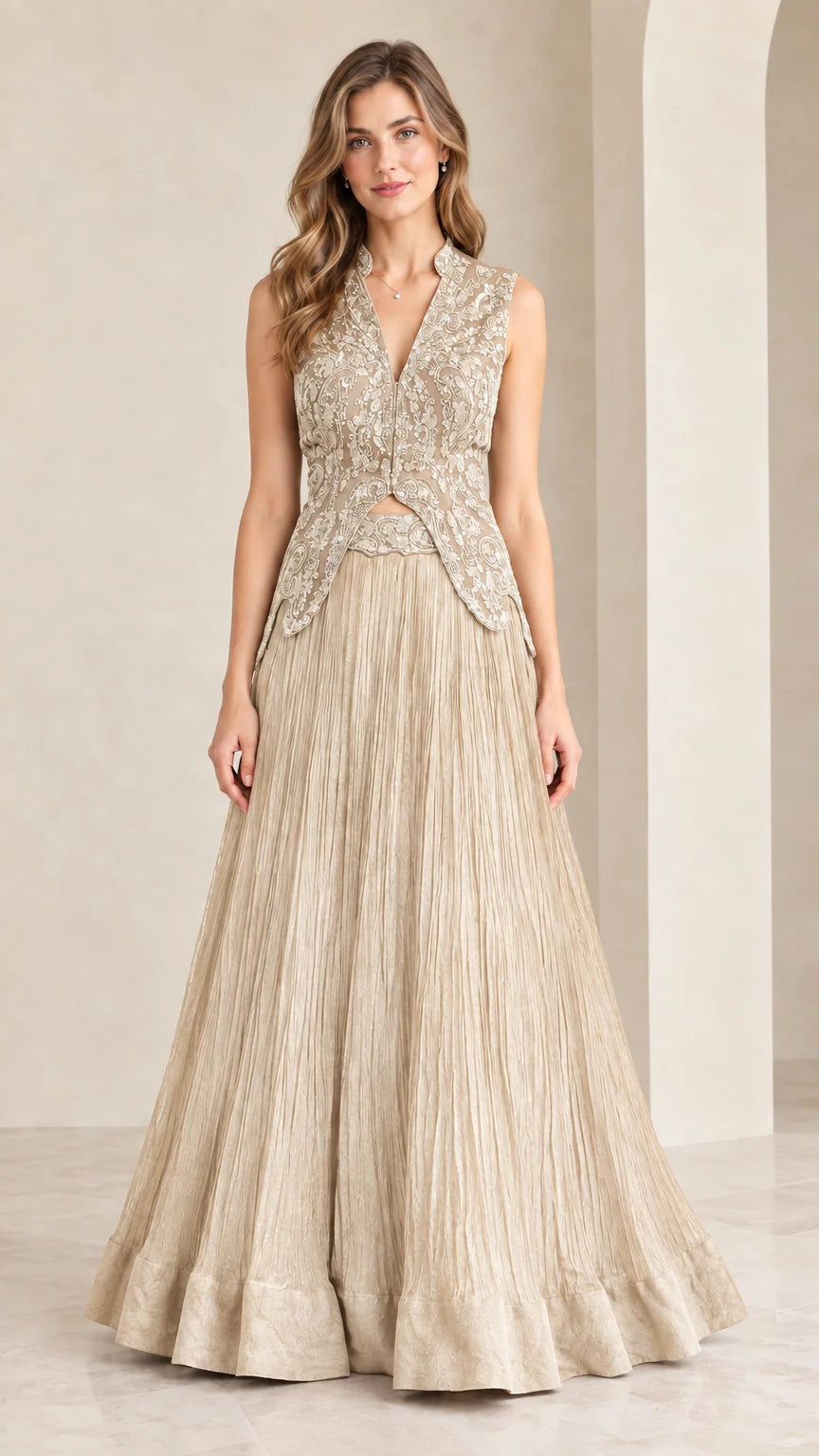 Front view of woman wearing champagne gold embroidered sleeveless maxi gown set