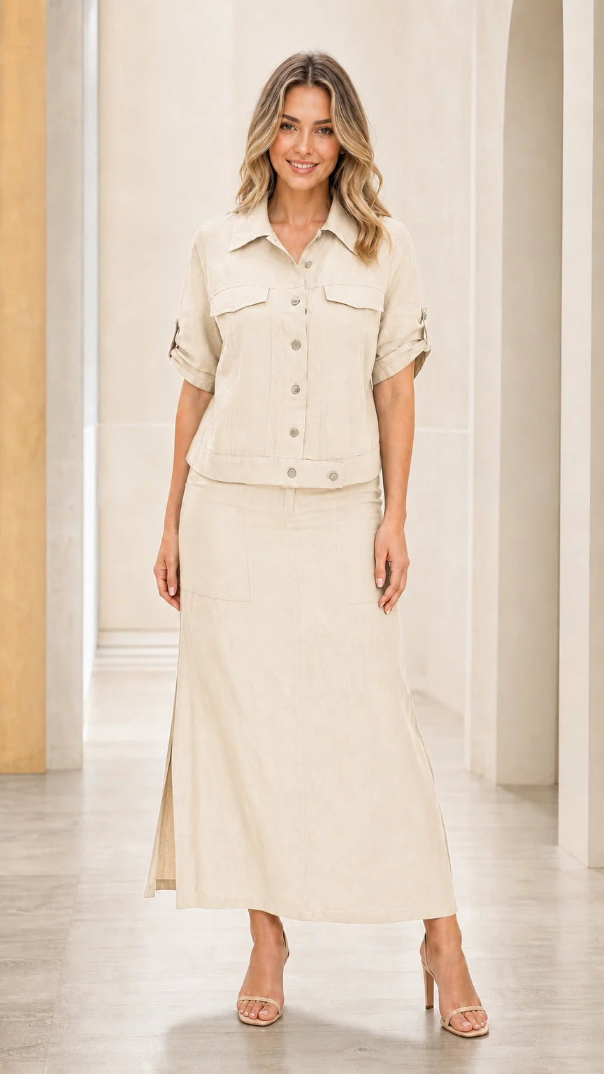 Front view of woman wearing beige two-piece set