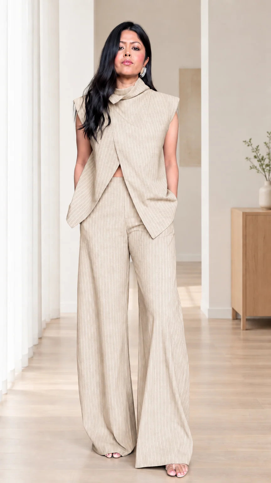 Beige pinstripe sleeveless wrap-style top and wide-leg trousers set