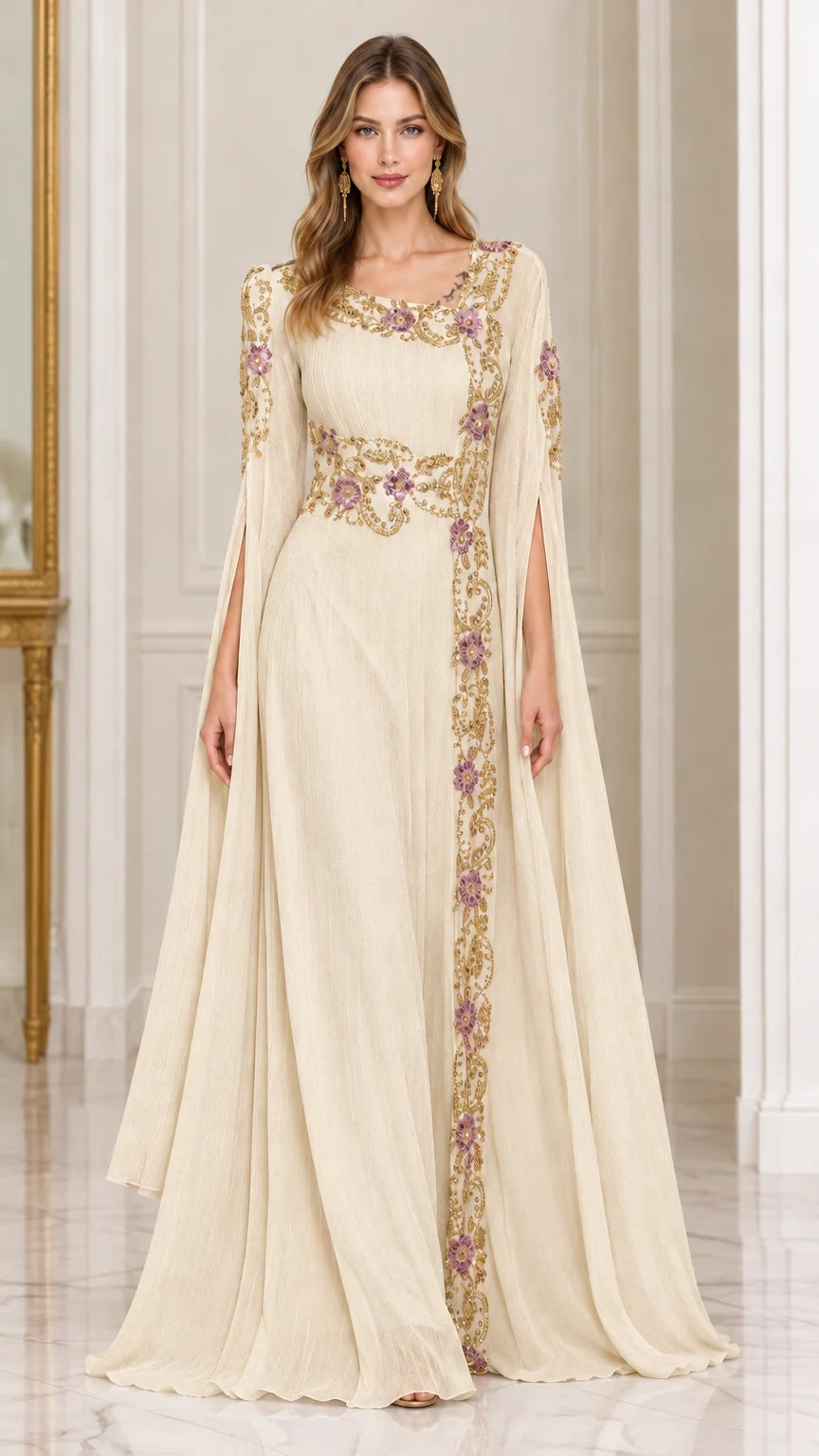 Front view of champagne cream embroidered split sleeve maxi dress