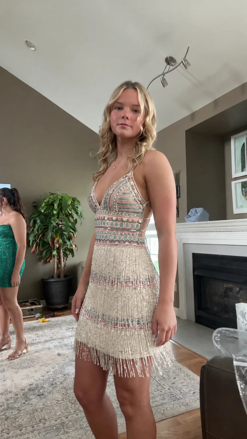 Front view of champagne gold beaded sequin fringe mini dress