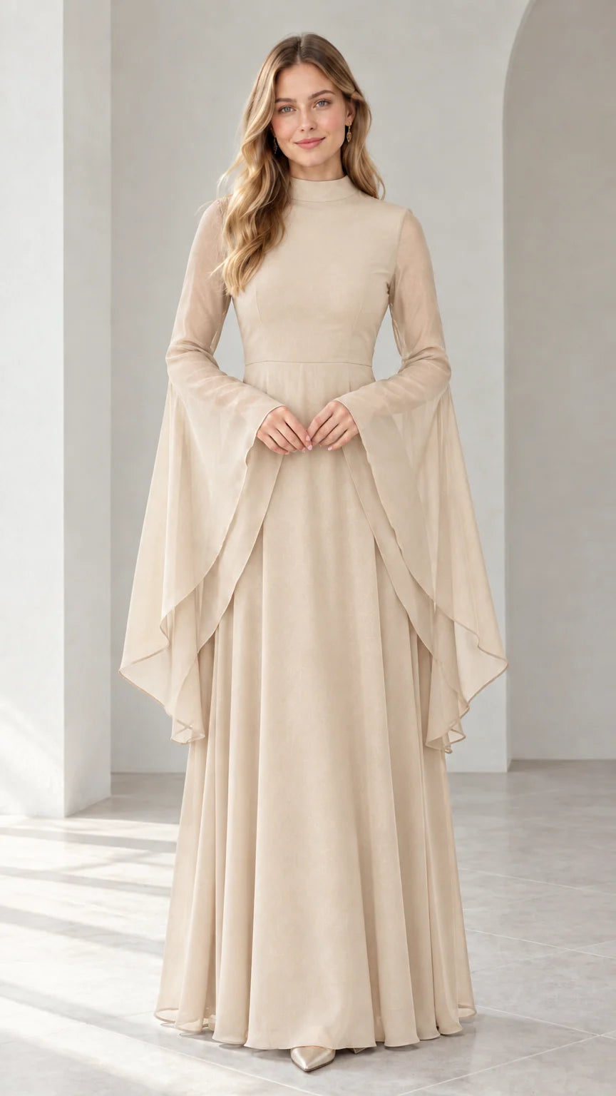 Full-length view of champagne beige long sleeve chiffon evening maxi dress