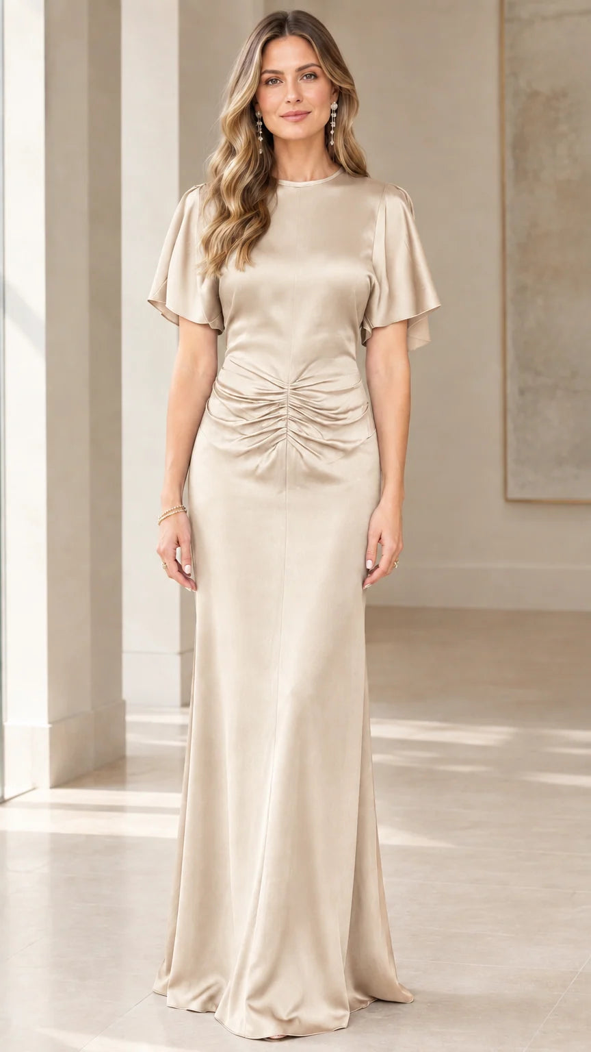 Model wearing neutral Champagne satin flutter sleeve maxi dress for weddings