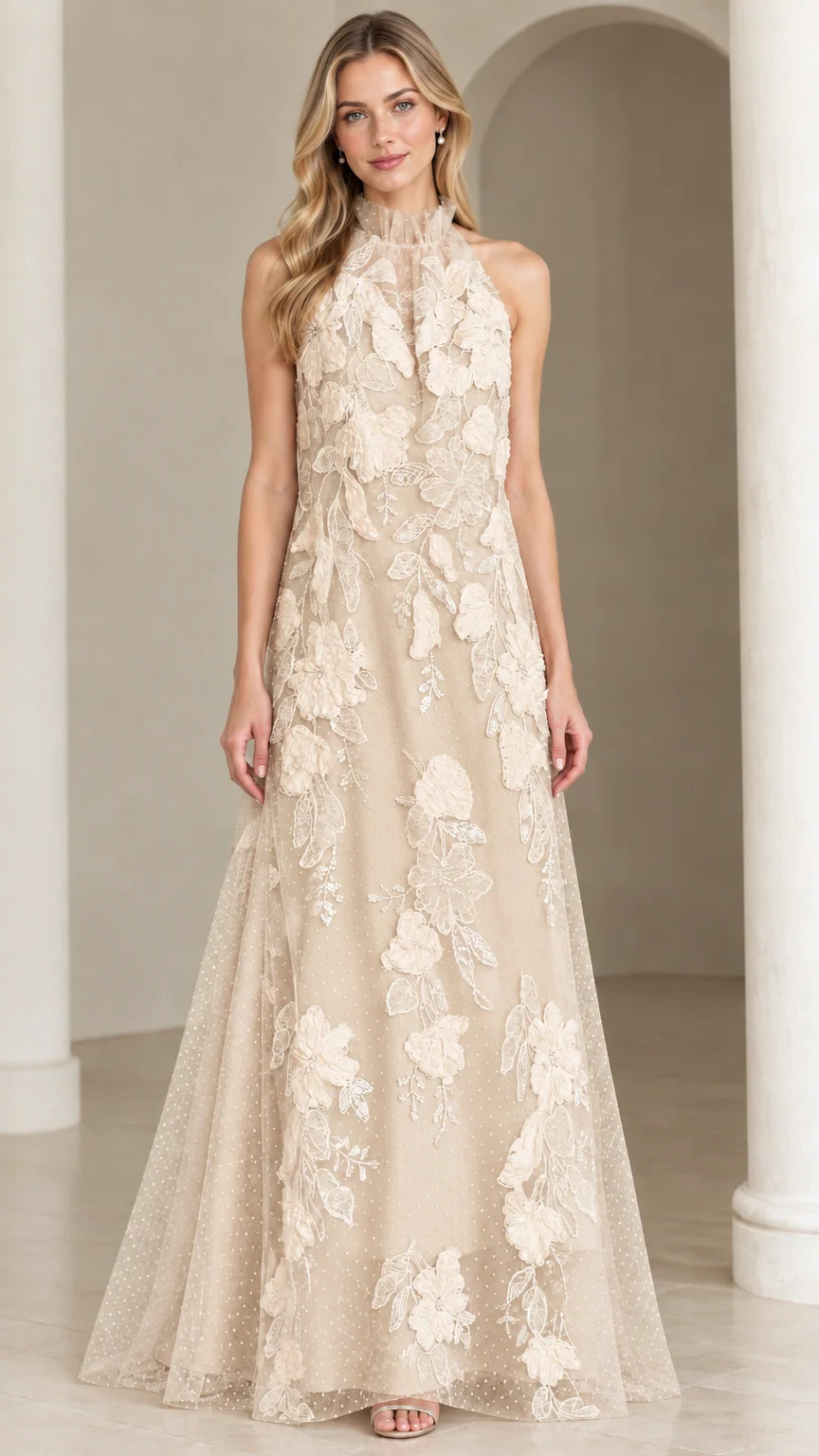Front view of champagne beige halter maxi dress with floral lace embellishments