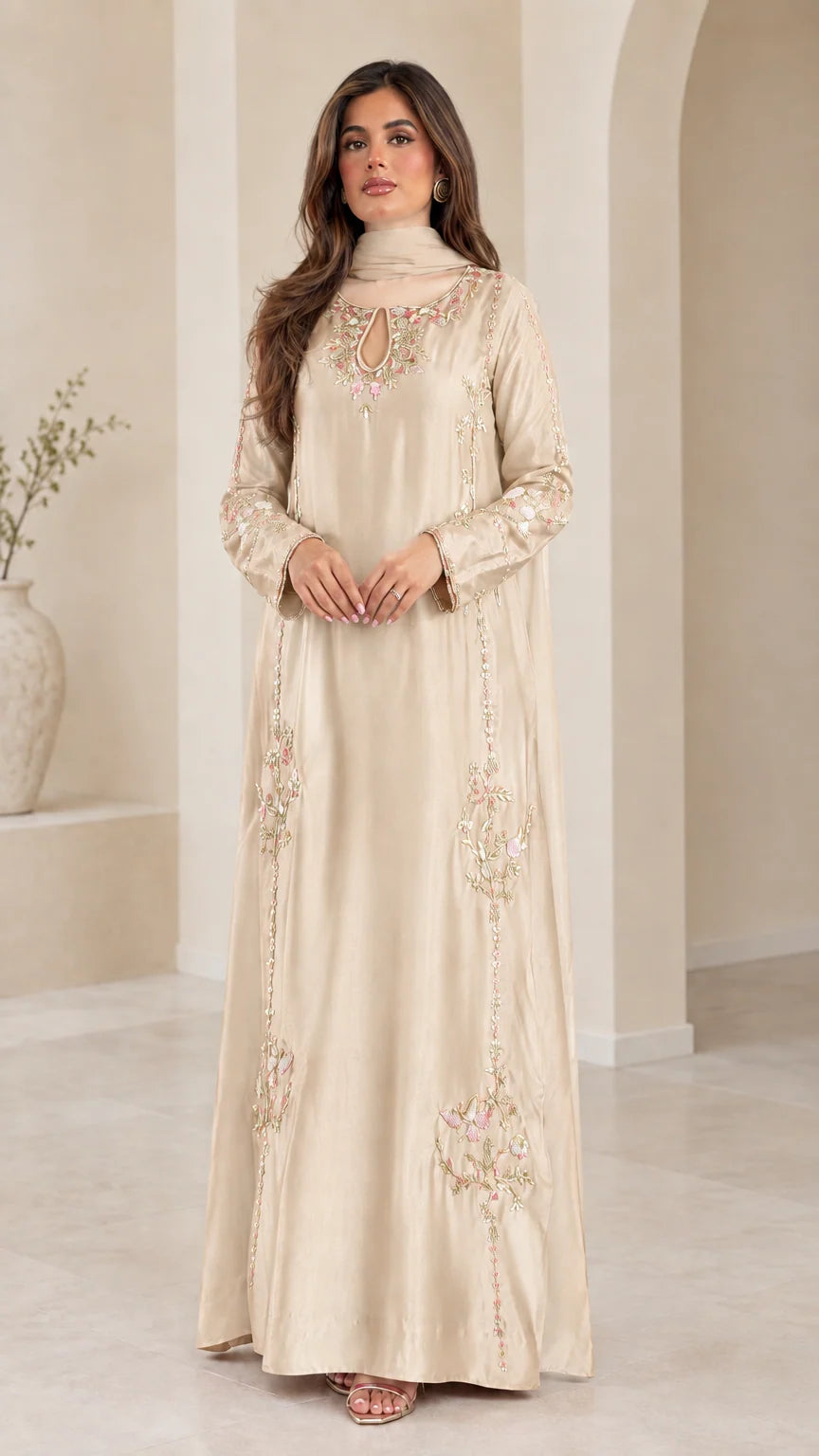 Champagne beige embroidered floor-length modest gown with scarf
