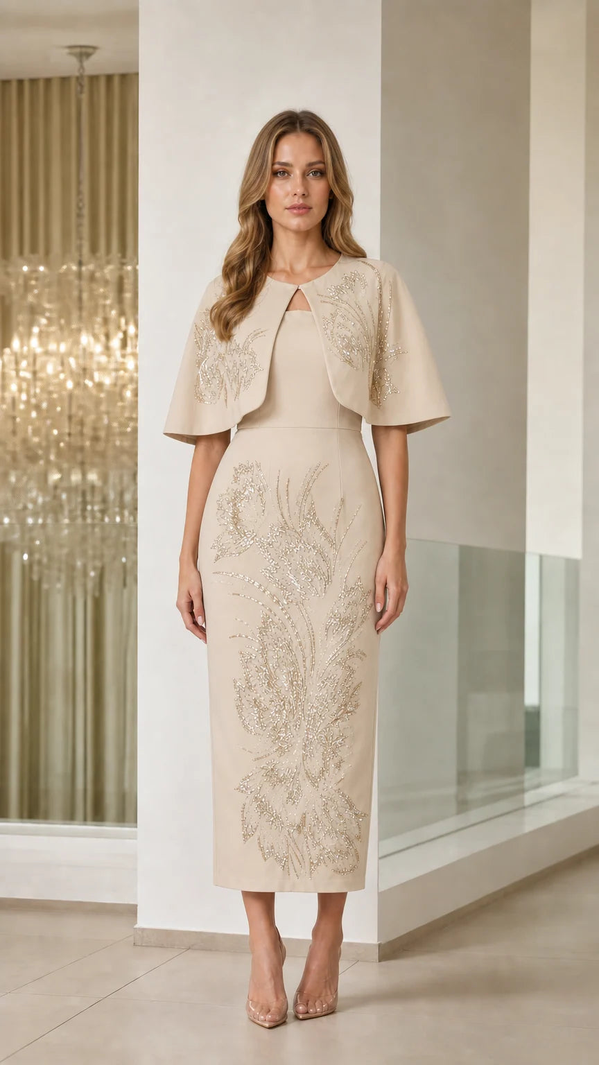 Champagne beige sequined capelet sheath formal dress