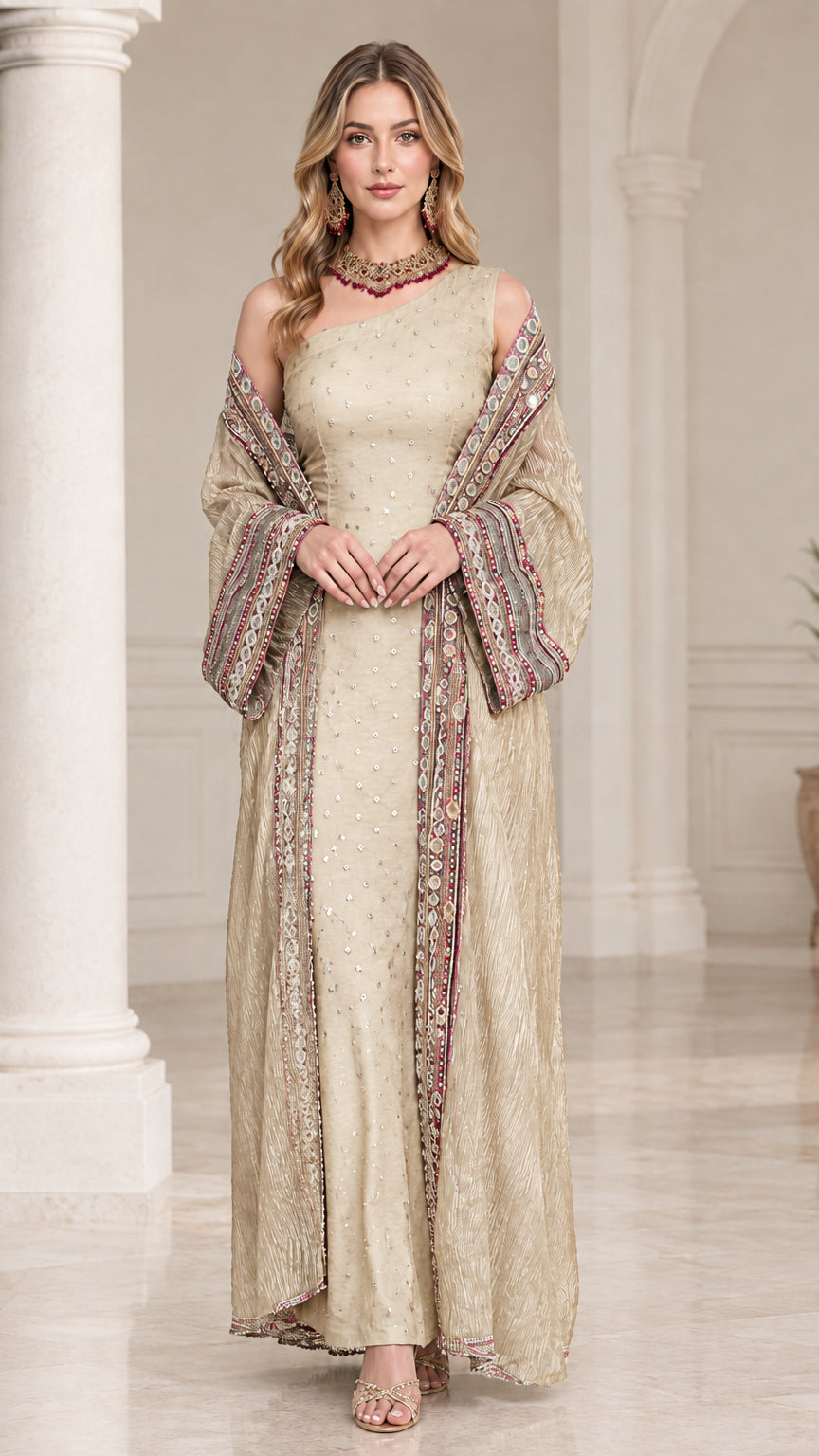 Champagne beige one-shoulder maxi dress and textured evening robe set