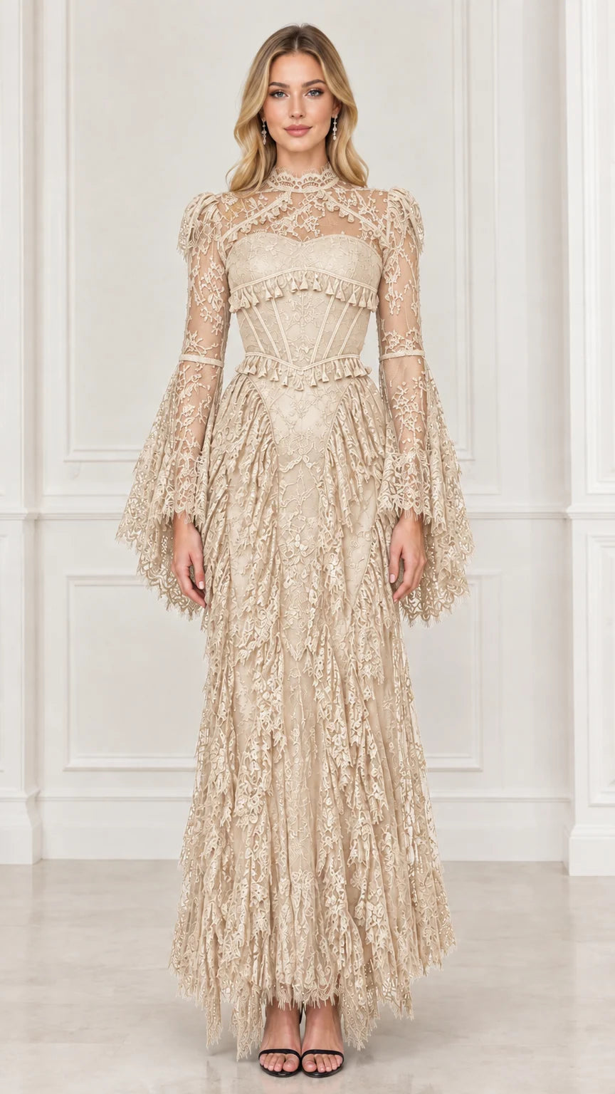 Champagne beige romantic lace corset gown with tiered floor-length skirt