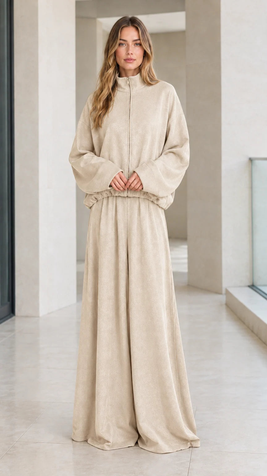 Front view of woman wearing neutral beige zip-up jacket and wide-leg lounge pants