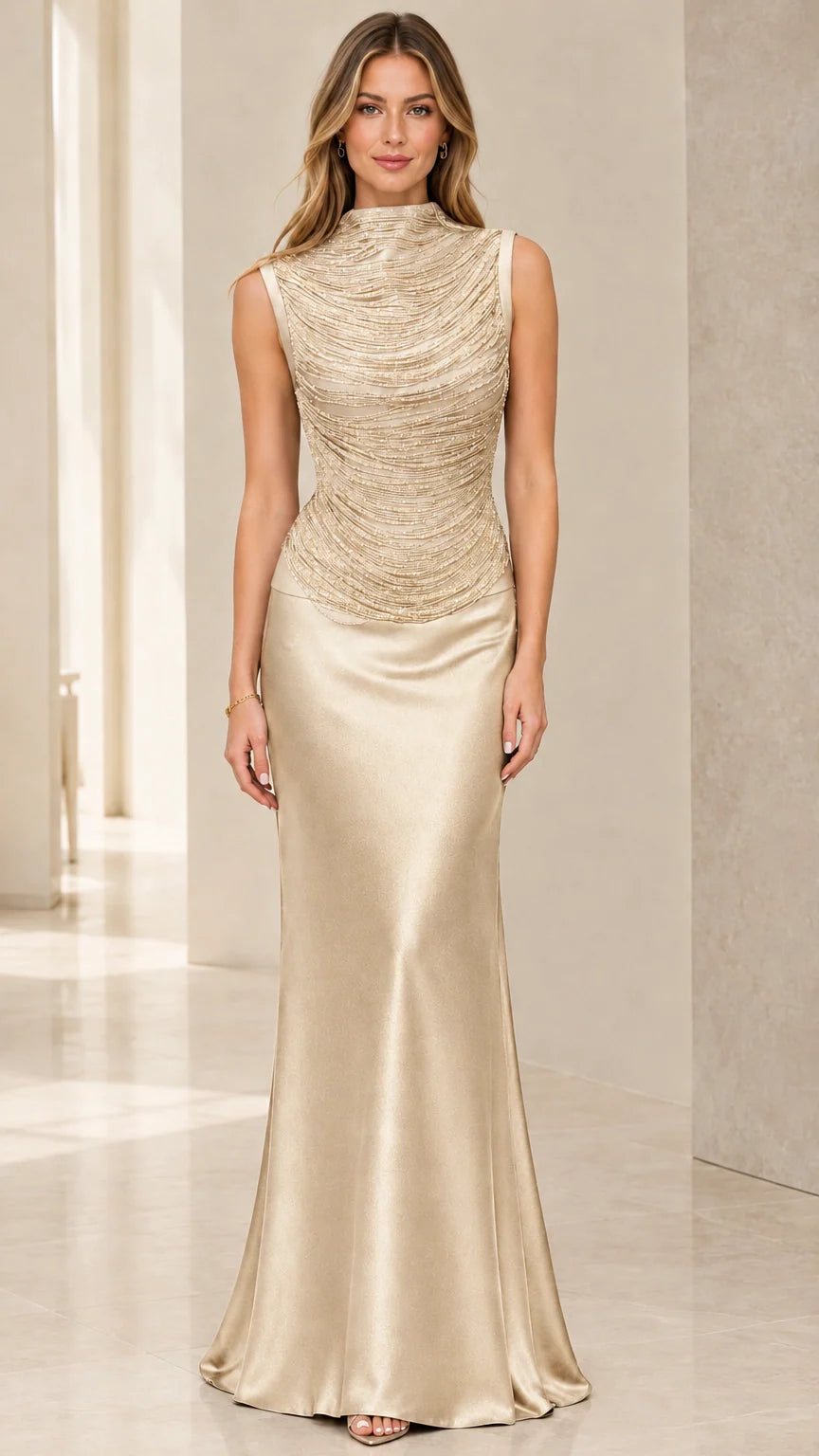 Front view of champagne gold high neck beaded satin formal evening dress