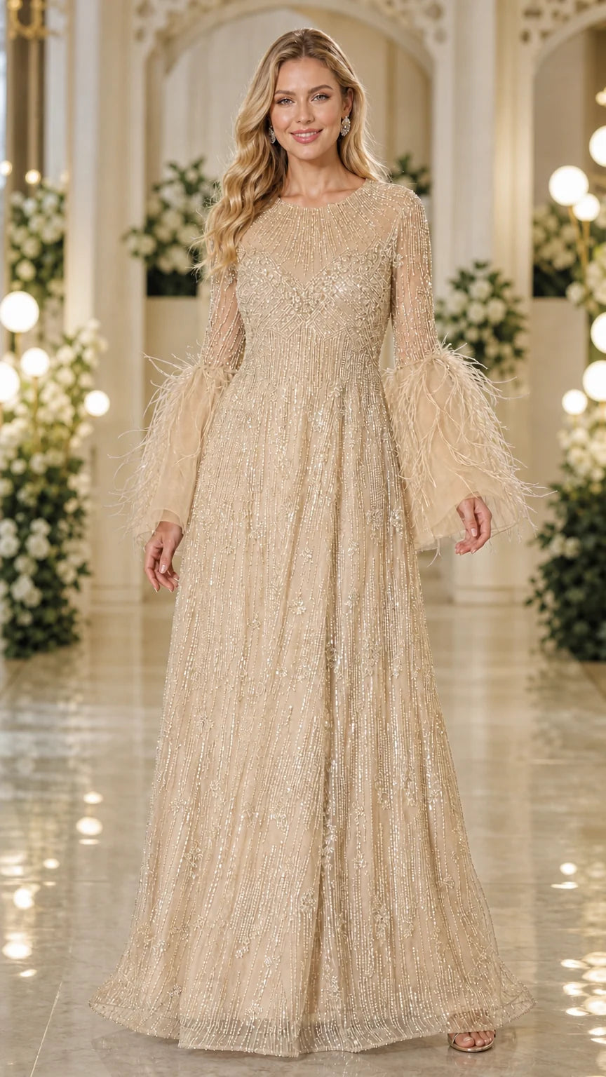 Champagne gold floor-length beaded evening gown with feathered sleeve cuffs