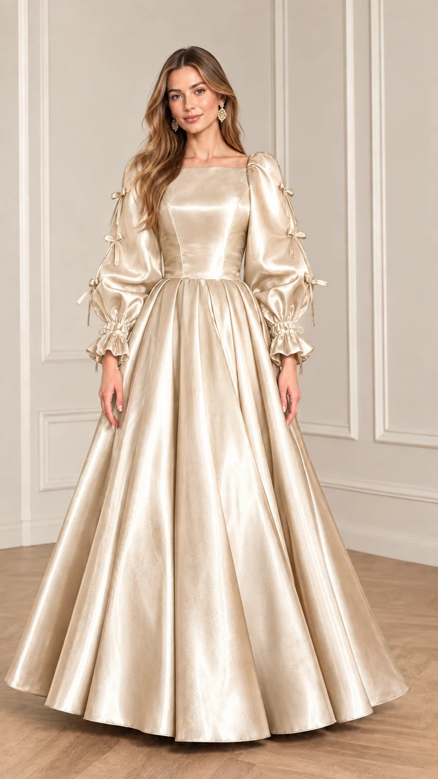 Full-length front view of model wearing Champagne gold satin puff sleeve ball gown