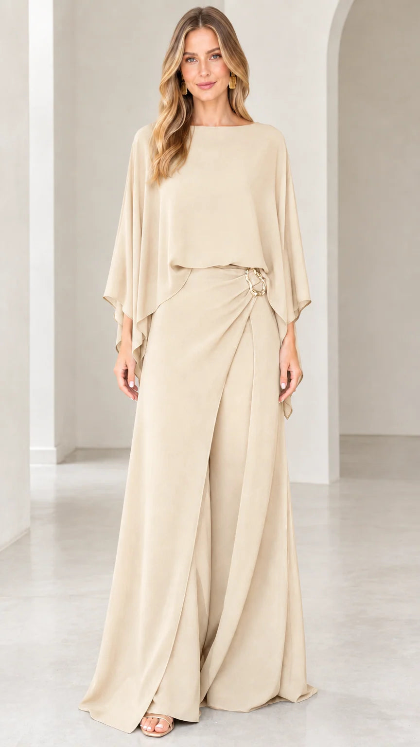 Champagne beige capelet overlay formal wide-leg jumpsuit front view