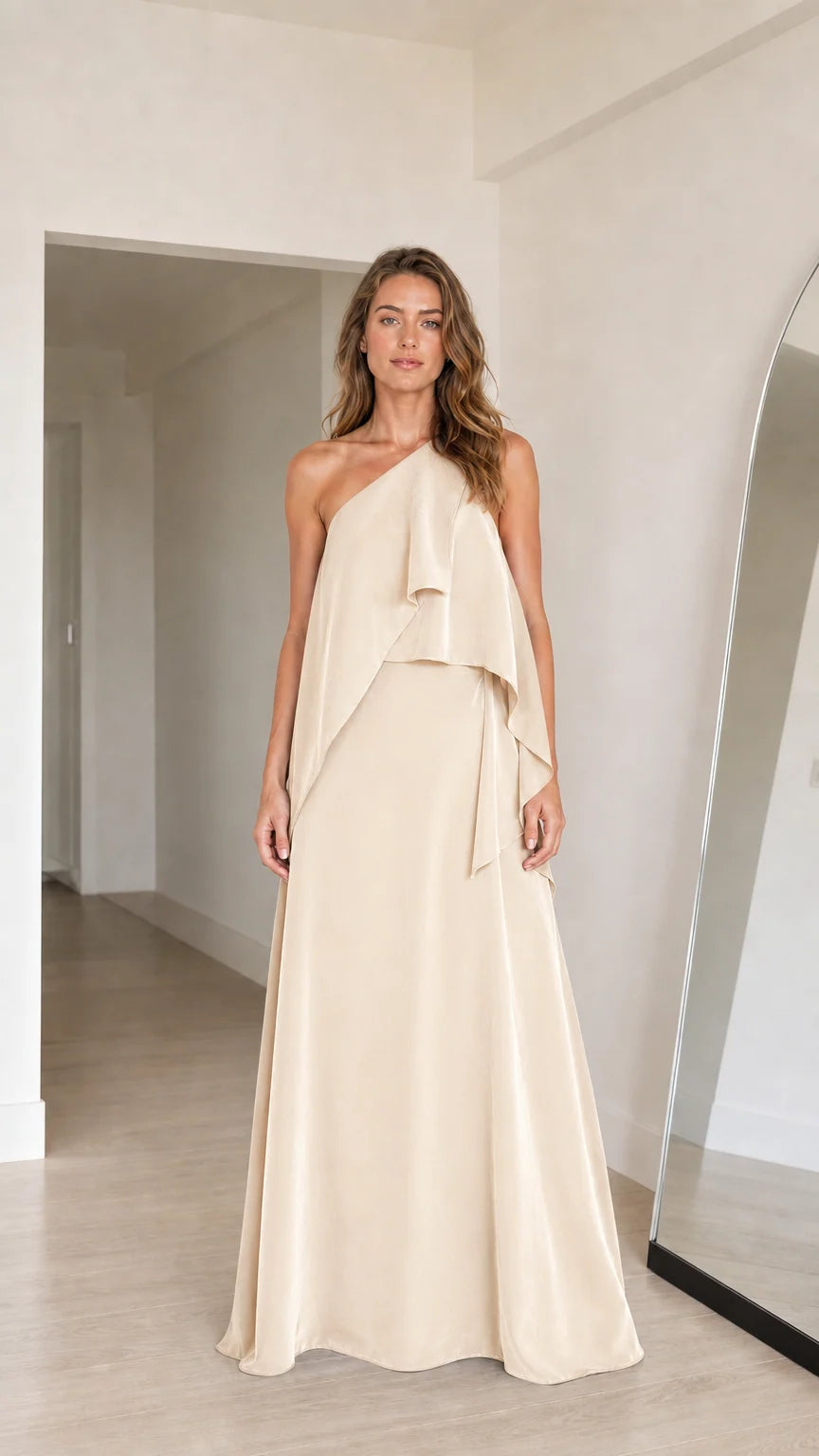 Model wearing champagne cream one-shoulder tiered draped maxi dress