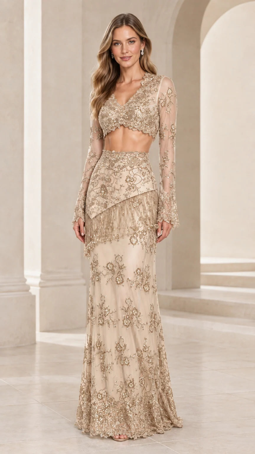 Front view of model wearing Champagne gold sequin floral lace two-piece evening gown