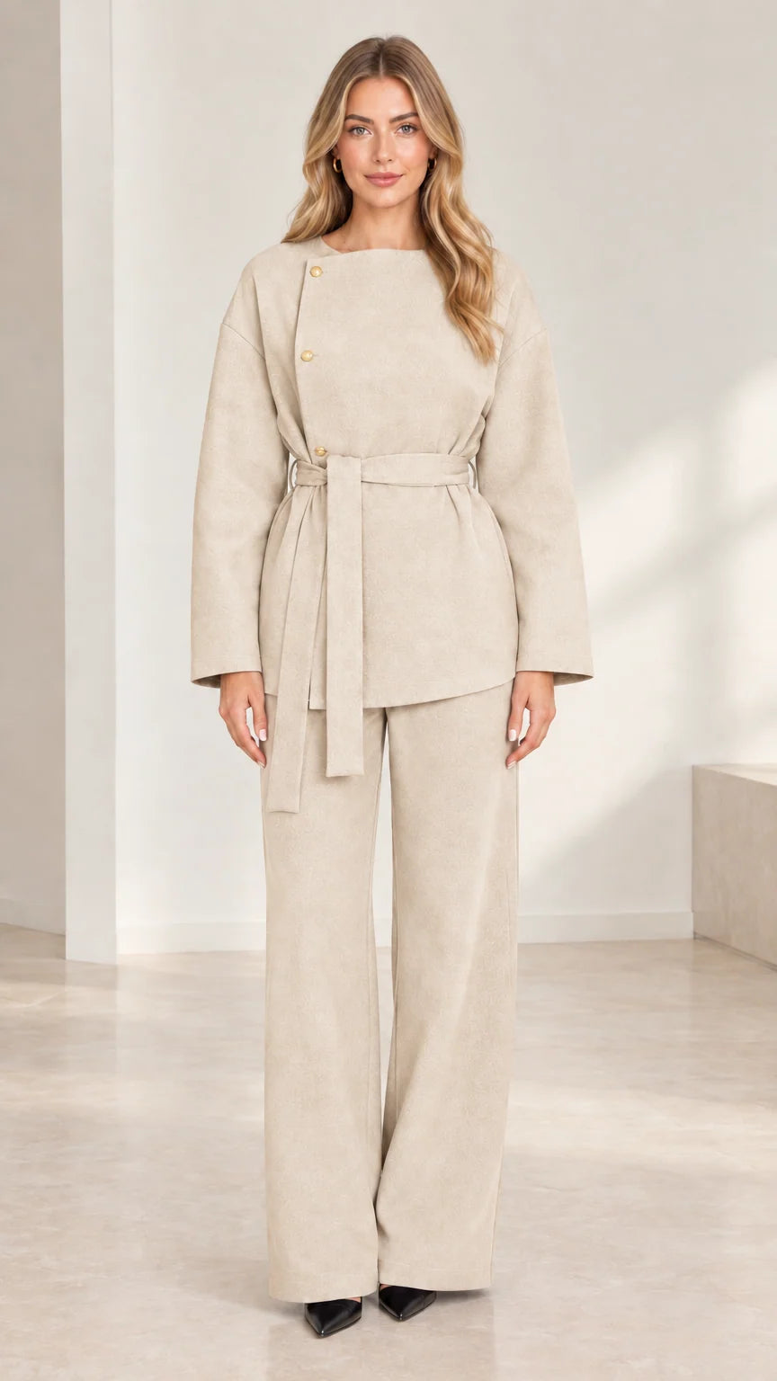 Full-length studio shot of model wearing beige cream asymmetrical belted pant set