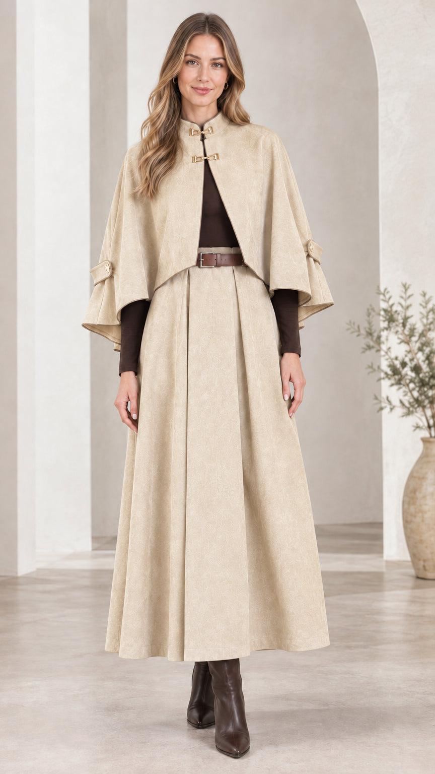 Front view of woman wearing Beige cream cape and pleated maxi skirt set