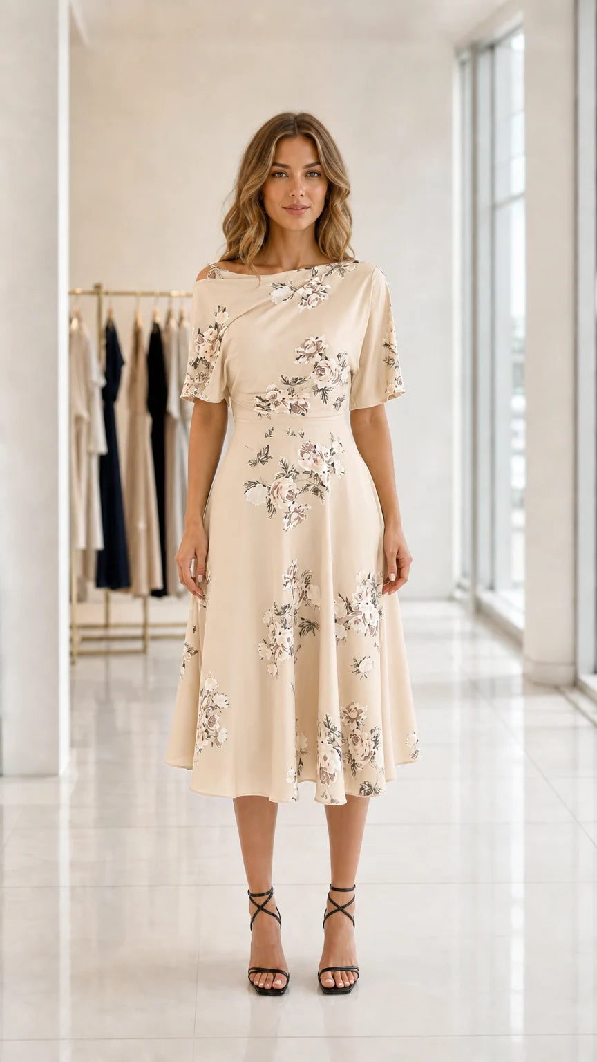 Front view of model wearing cream floral asymmetrical draped midi dress