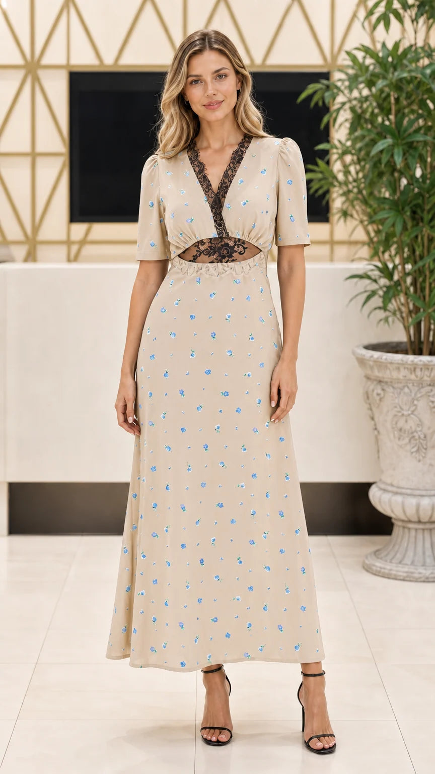 Model wearing Beige floral print maxi dress with black lace trim