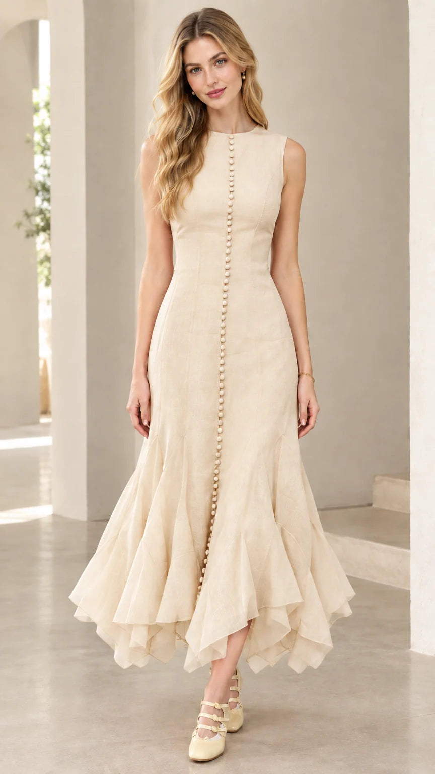 Full-length view of woman wearing beige cream sleeveless button-front mermaid midi dress