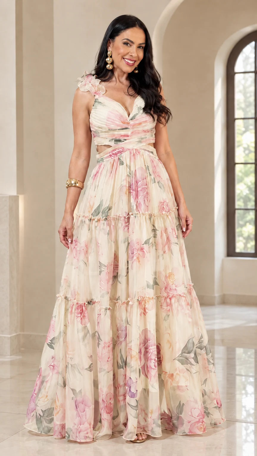 Model wearing Cream floral print cutout tiered maxi dress