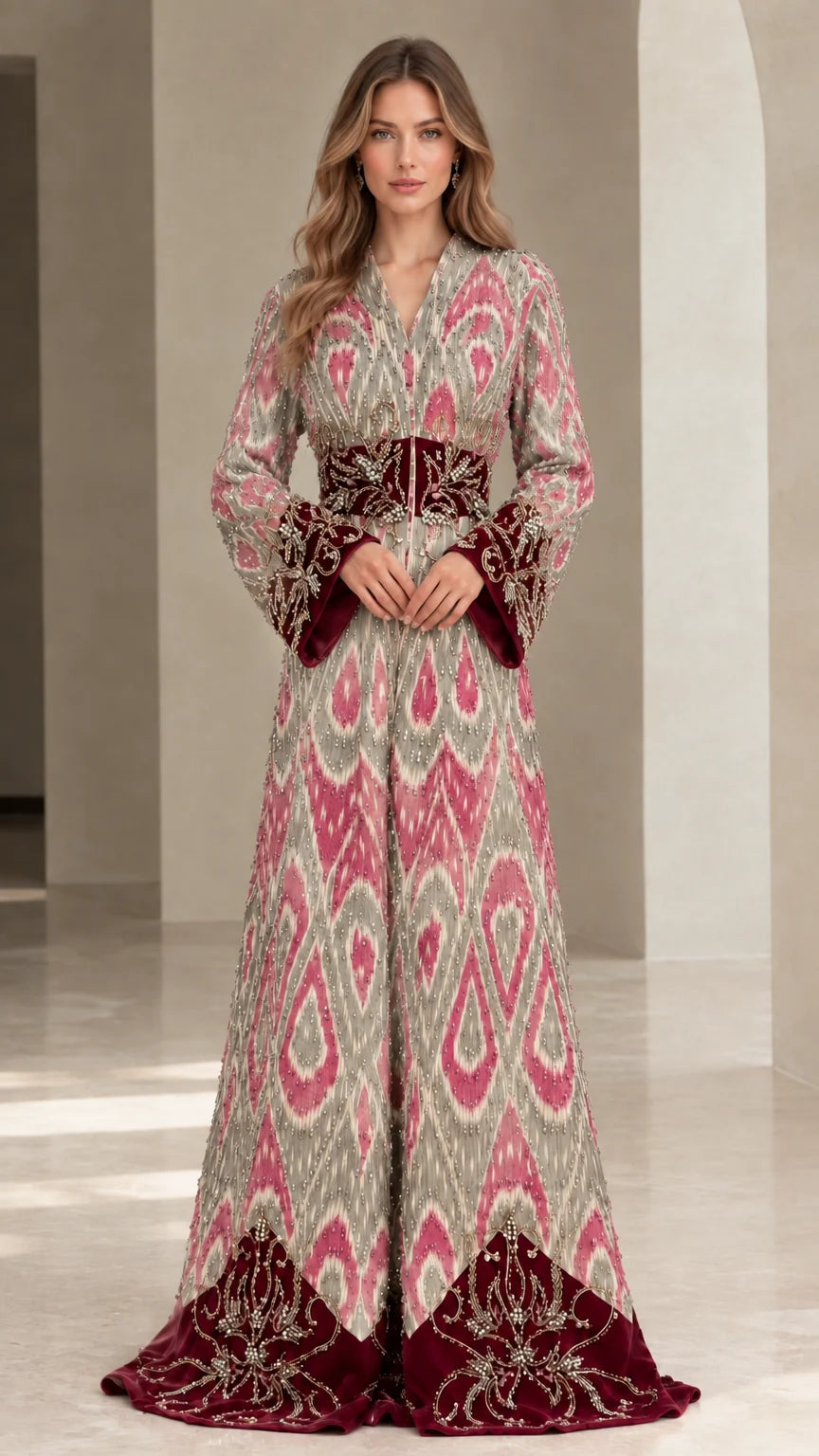 Full-length view of dusty rose and burgundy embroidered velvet-trim maxi kaftan gown