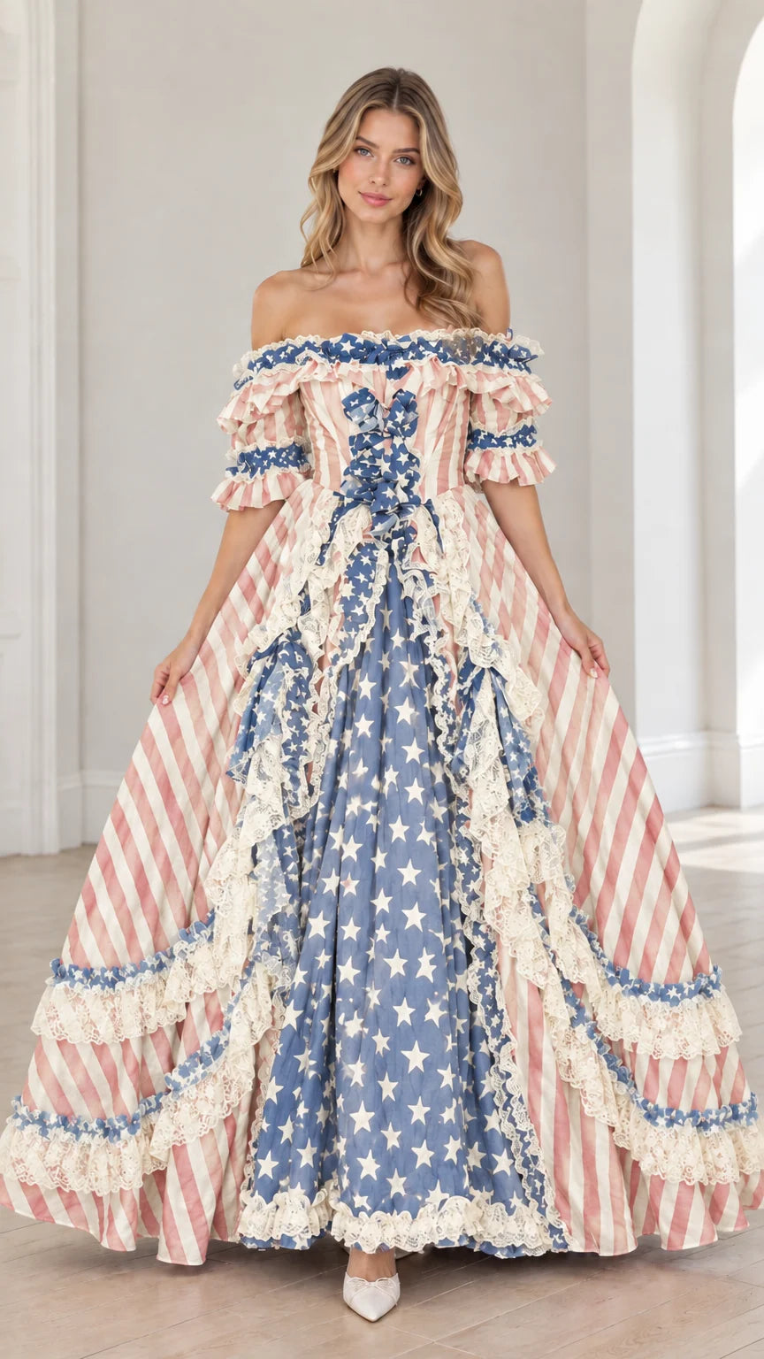 Full-length front view of vintage muted blue and pink patriotic ball gown