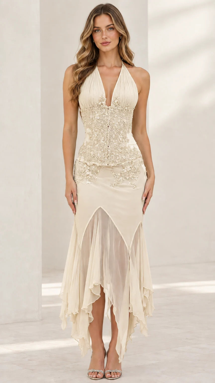 Champagne cream halter neck beaded corset midi dress