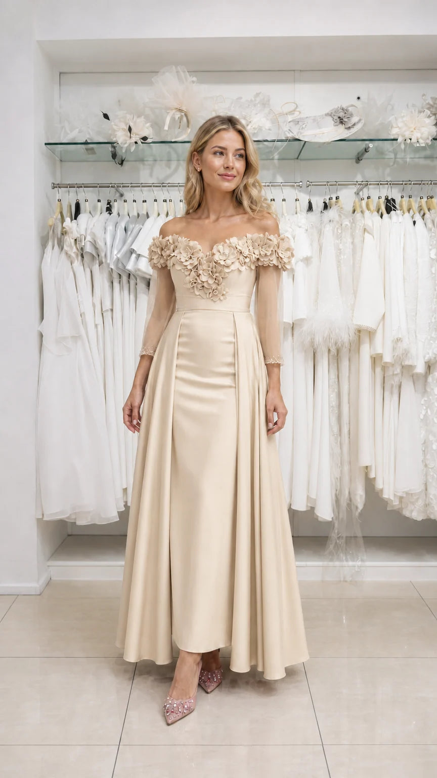 Model wearing champagne evening dress