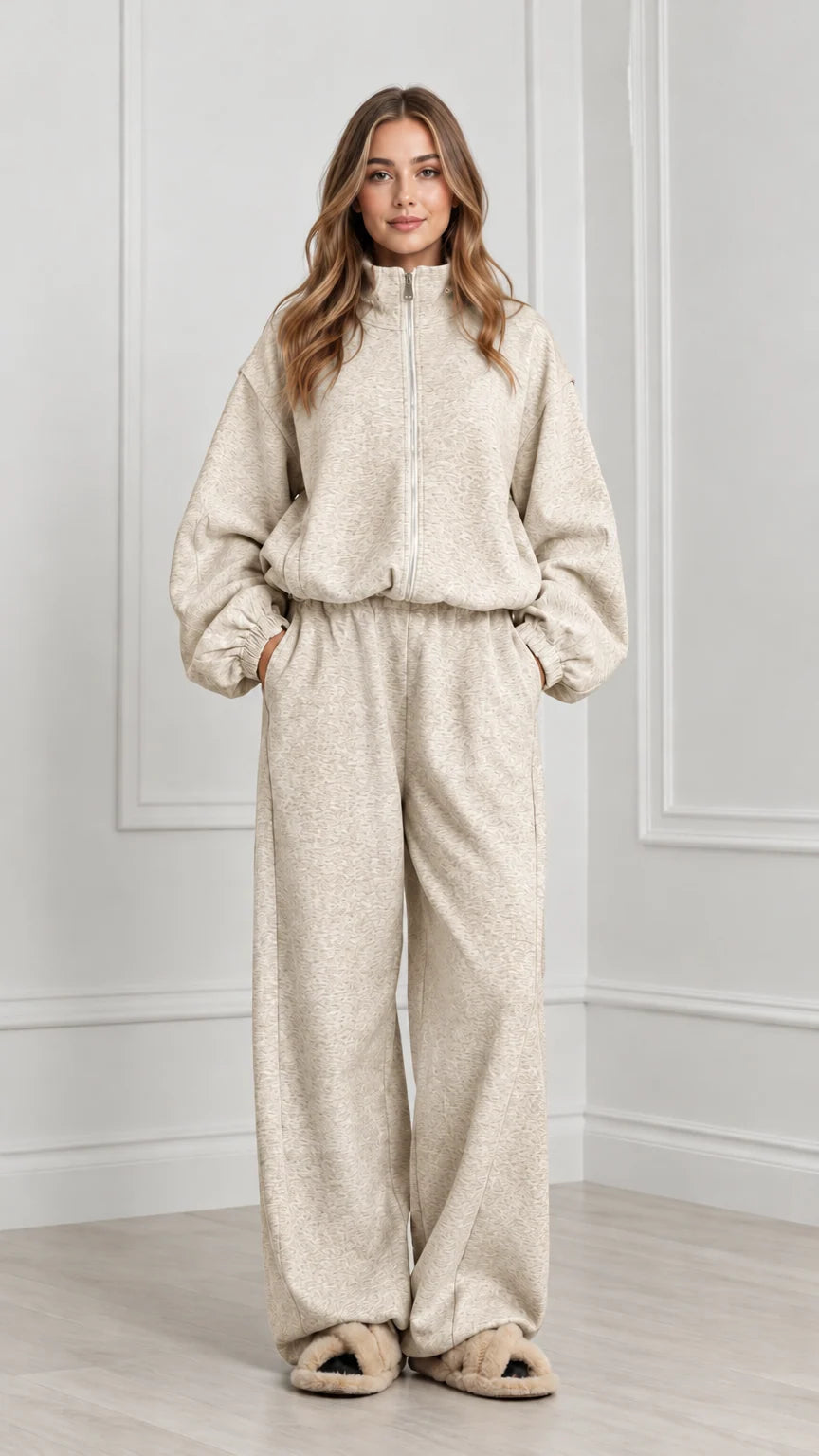 Women's oatmeal beige matching two-piece wide-leg loungewear set