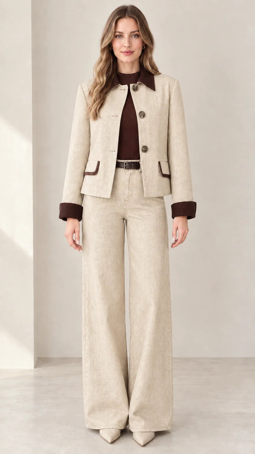 Model wearing Beige cream two-piece denim pant suit with brown trim