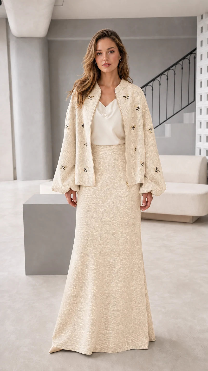 Women's embroidered jacket and maxi skirt set in cream off-white