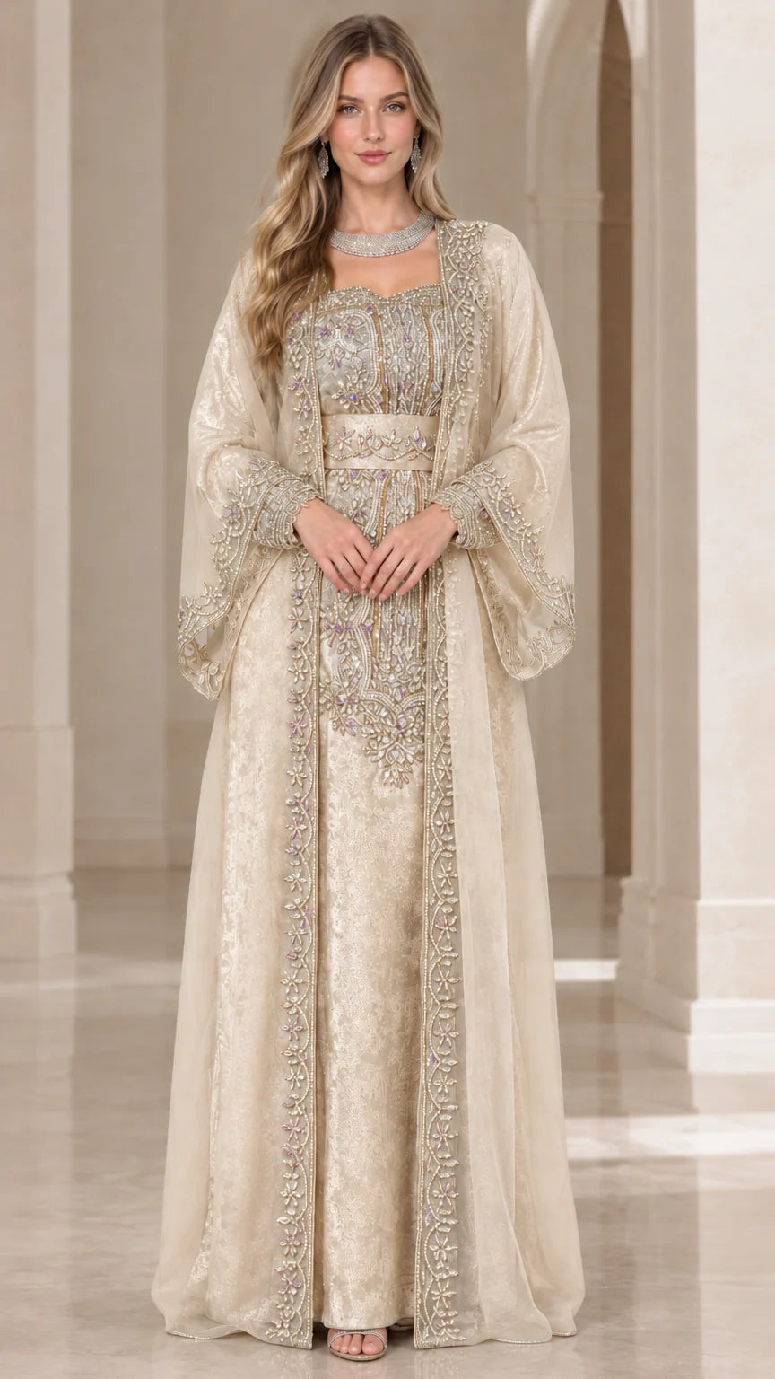 Full front view of champagne gold embroidered kaftan maxi dress
