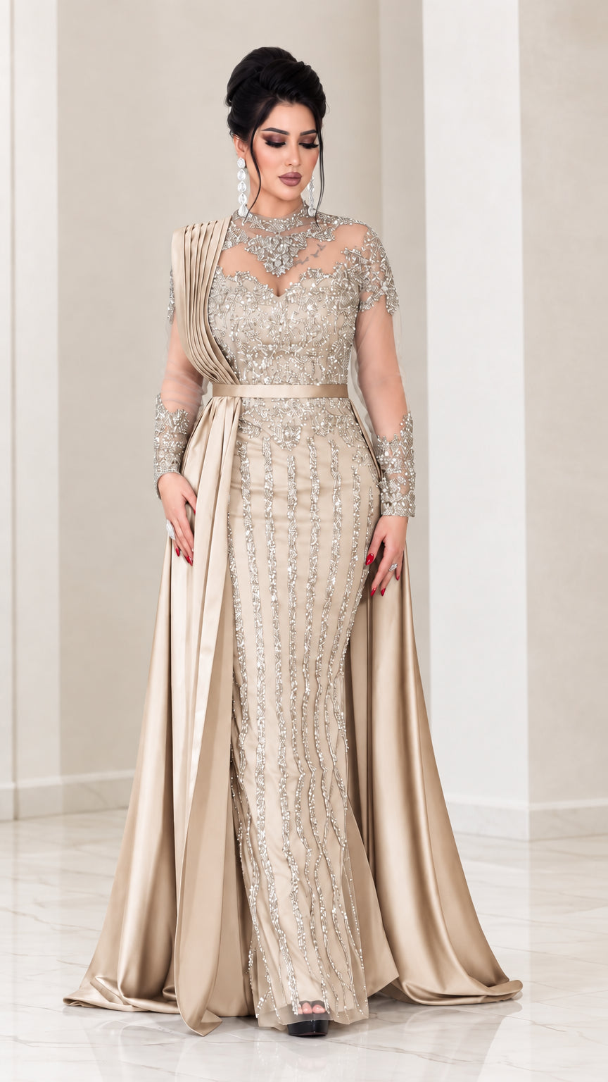 Champagne gold embellished evening gown with flowing satin overskirt