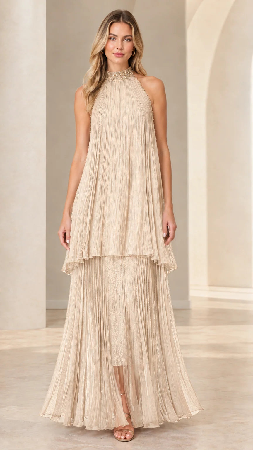 Champagne pleated tiered halter neck maxi dress