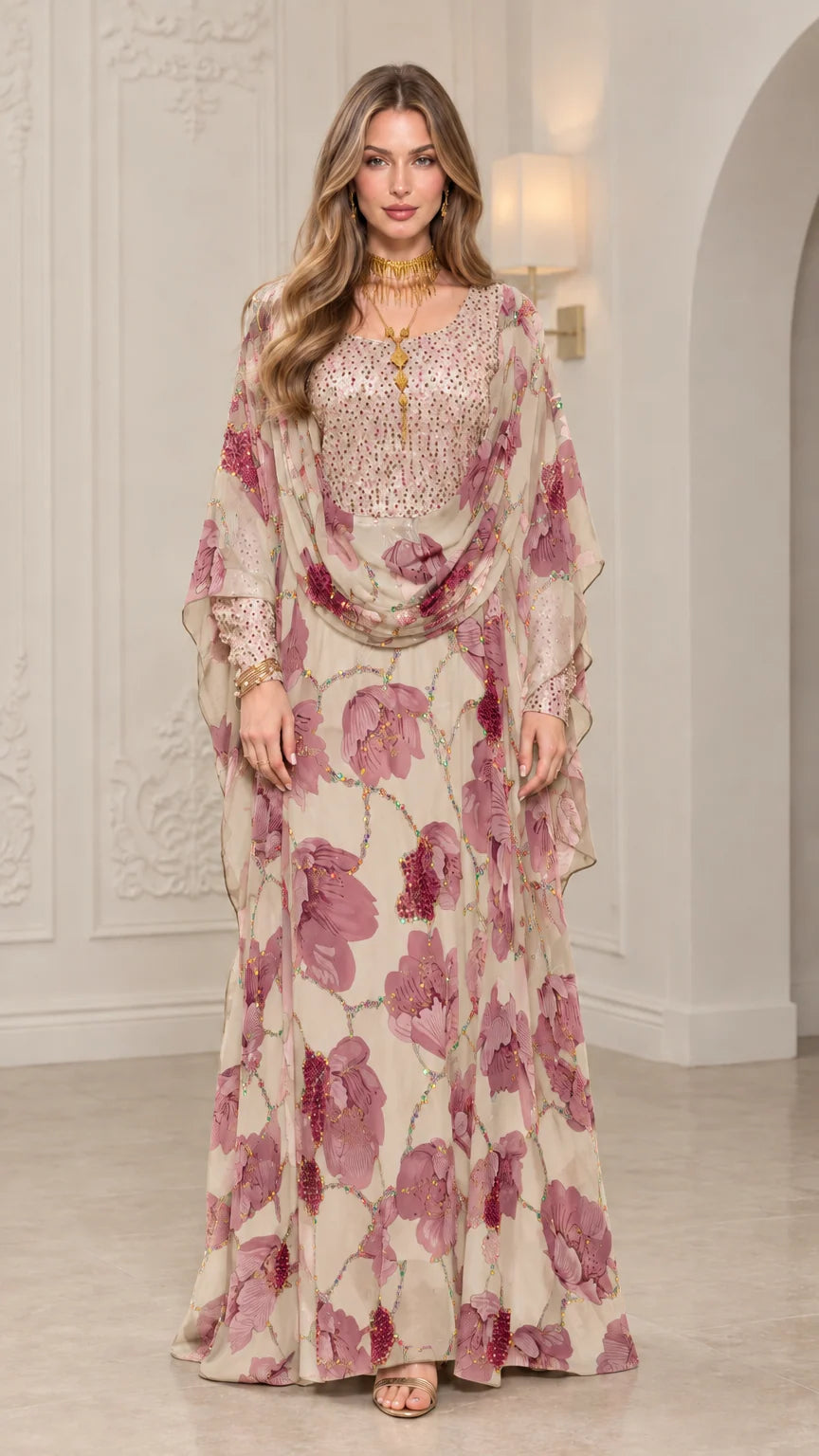 Front view of woman wearing Beige floral embellished kaftan maxi dress
