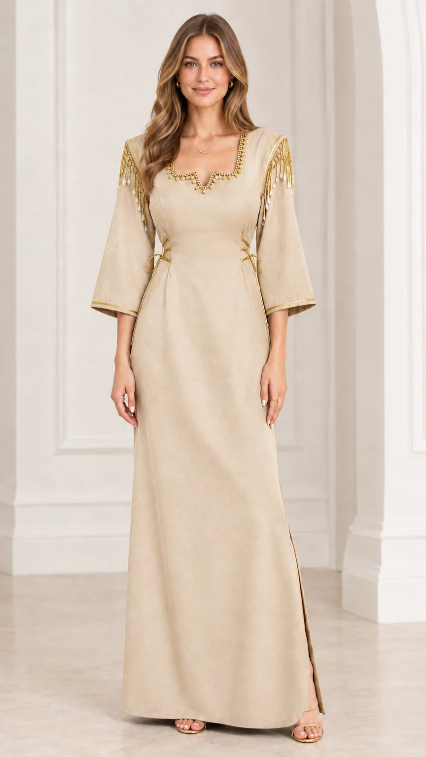 Full-length view of beige champagne maxi dress with gold shoulder fringe