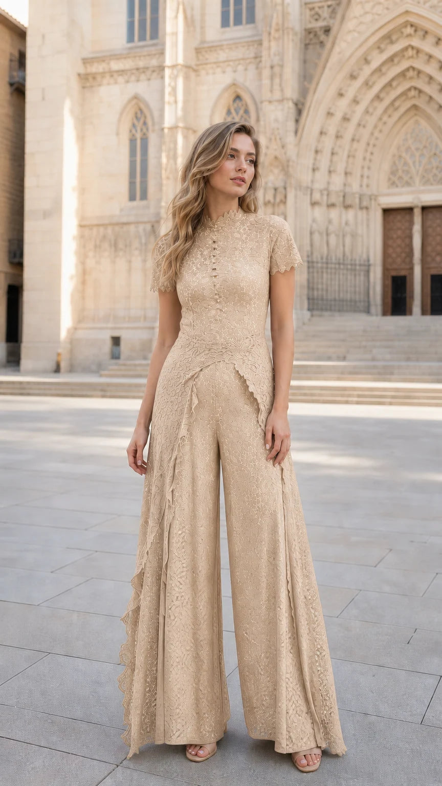 Front view of woman wearing Champagne floral lace wide-leg jumpsuit