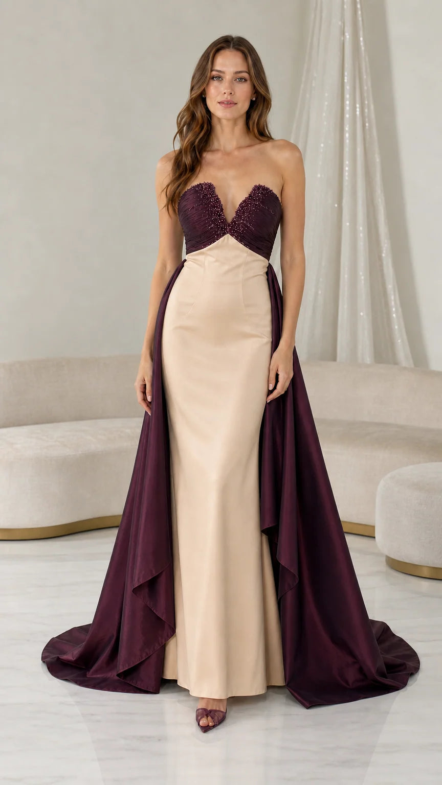 Full length view of champagne and burgundy color variant evening dress