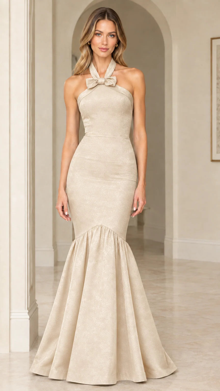 Champagne beige halter bow mermaid evening gown