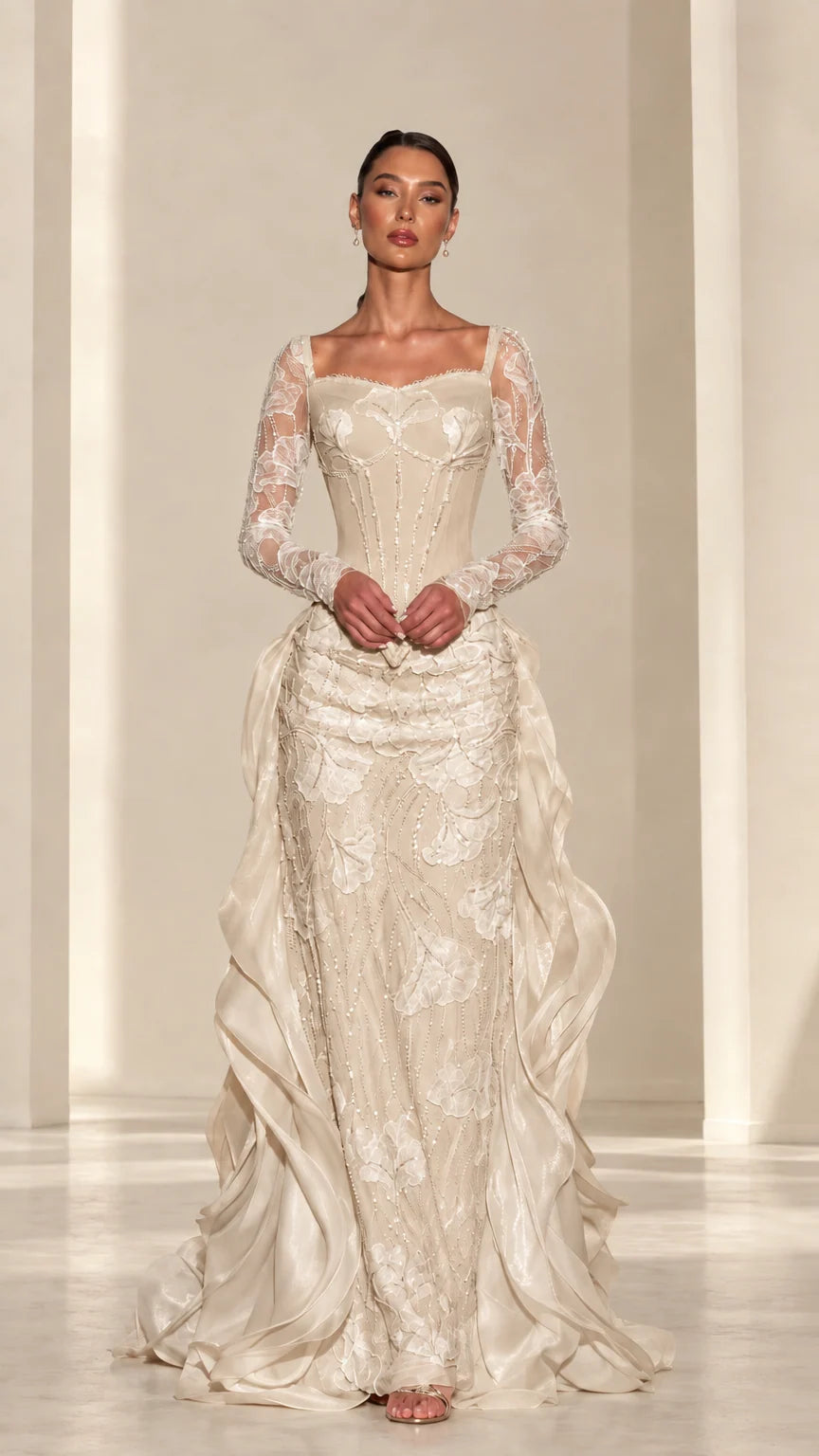 Front view of champagne gold embroidered corset formal gown
