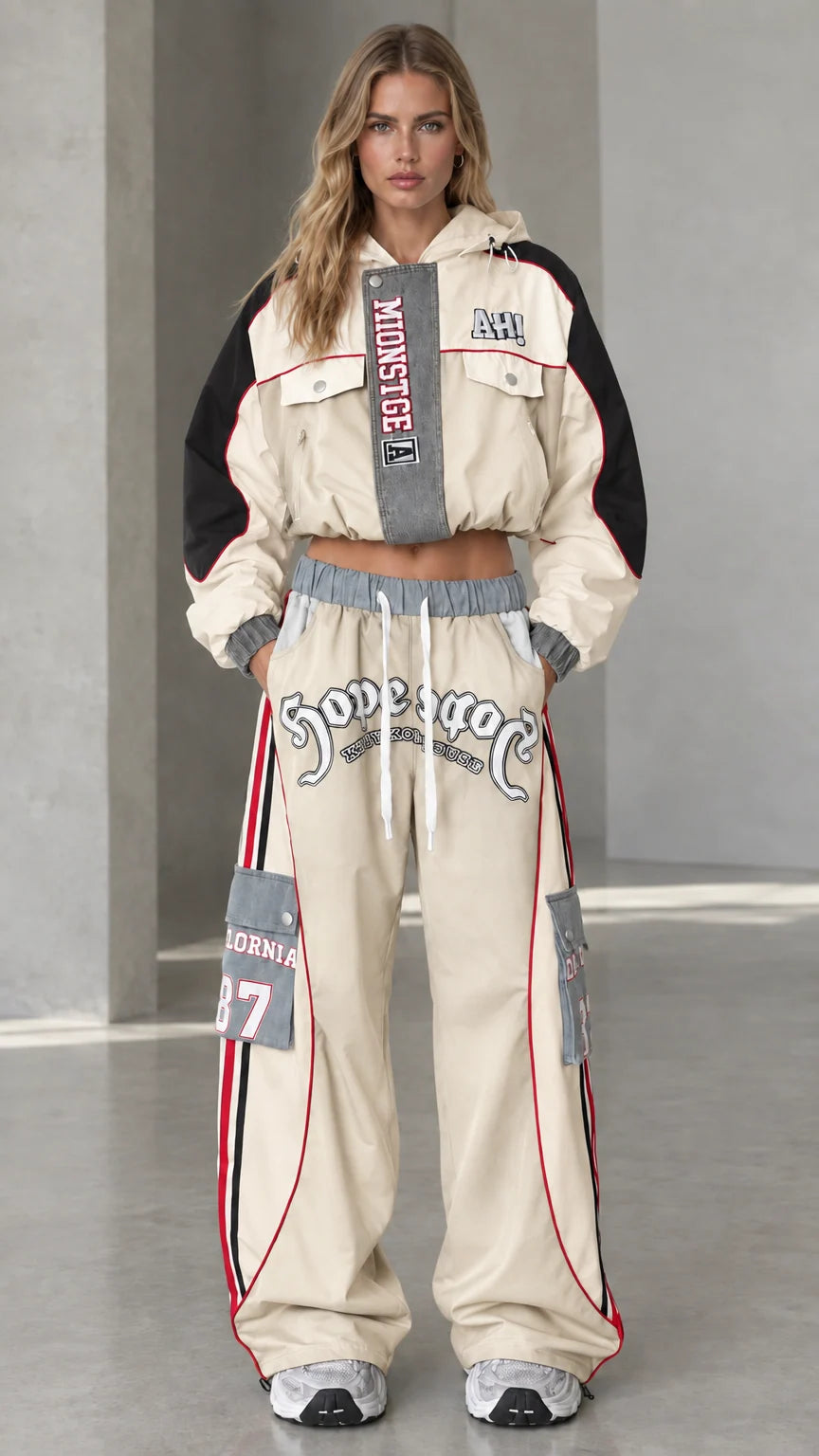 Beige cream women's two-piece cropped windbreaker jacket and cargo pants set