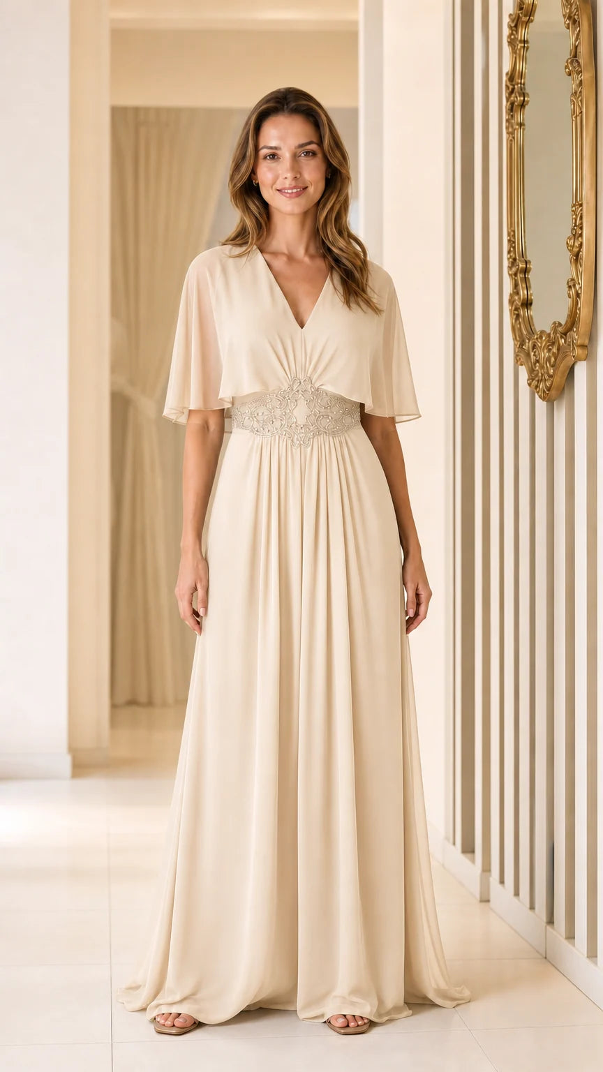 Full view of champagne V-neck chiffon maxi dress