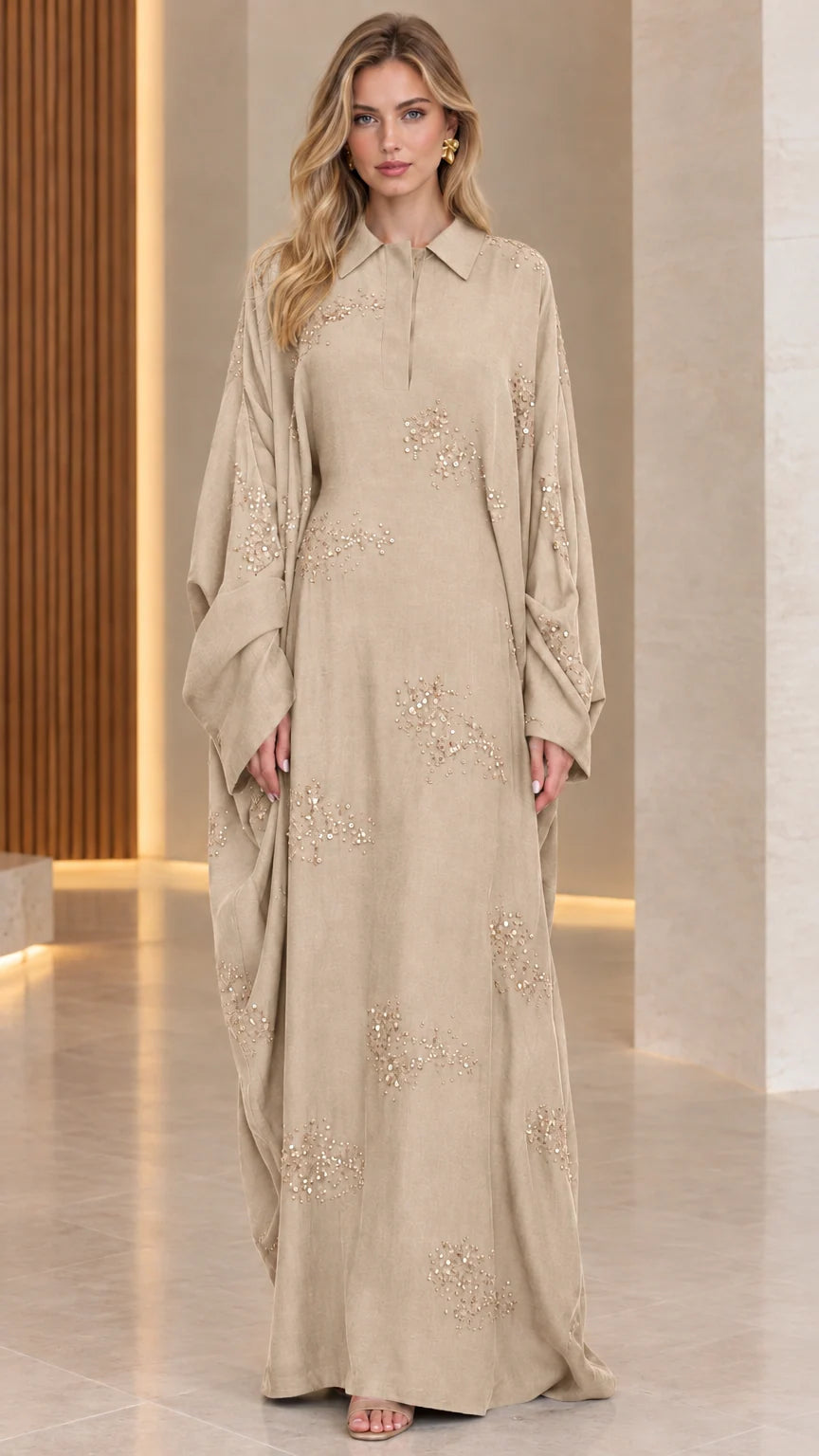 Champagne beige collared sequin kaftan maxi dress front view