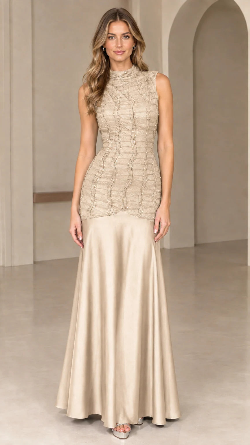 Front view of champagne gold sleeveless drop-waist satin maxi dress