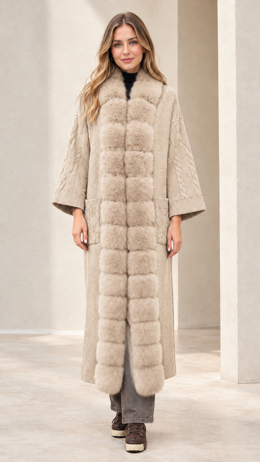 Model wearing light beige cream maxi knit cardigan with faux fur trim