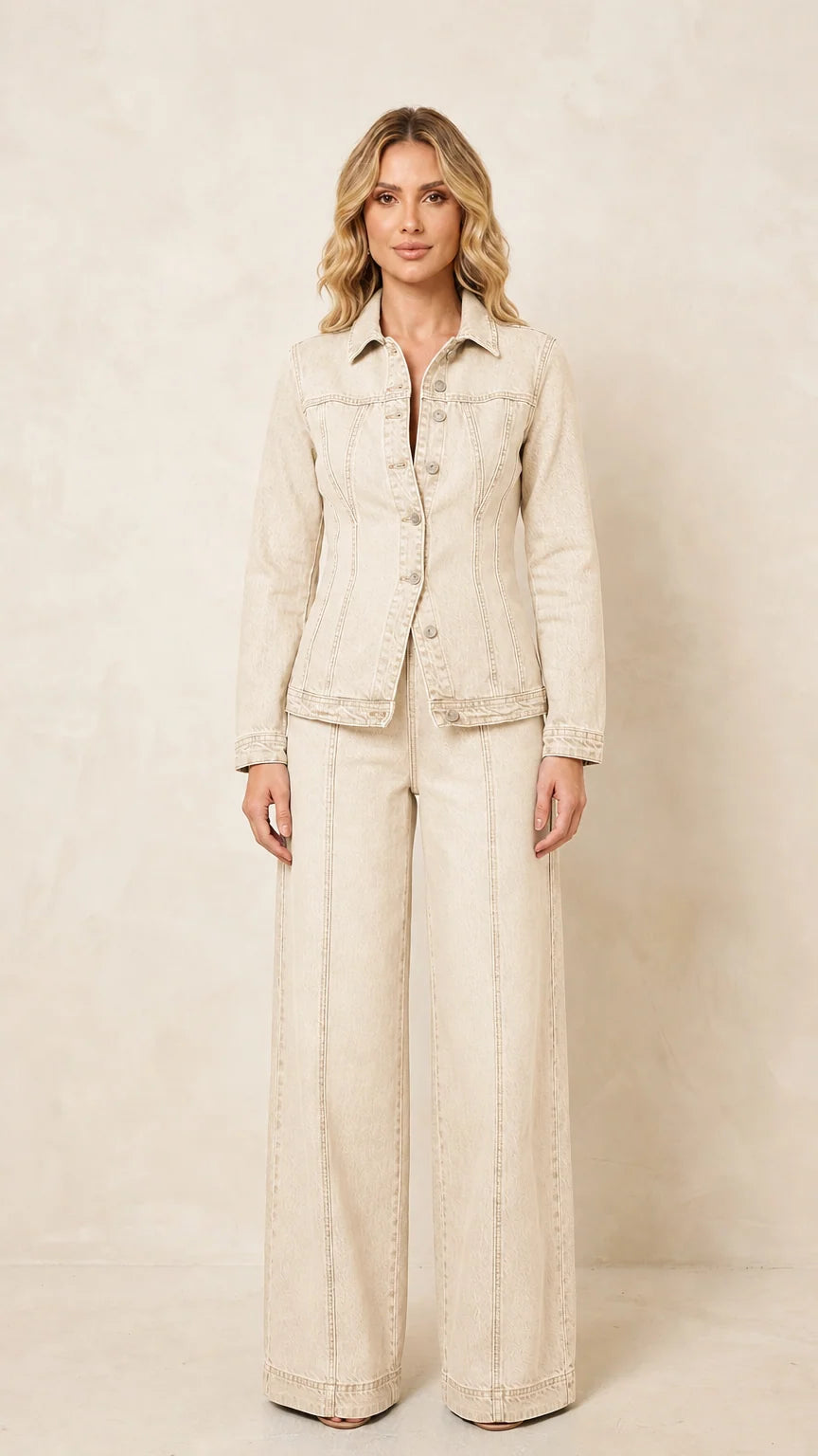 Front view of the women's cream denim-style jacket and wide-leg pants set