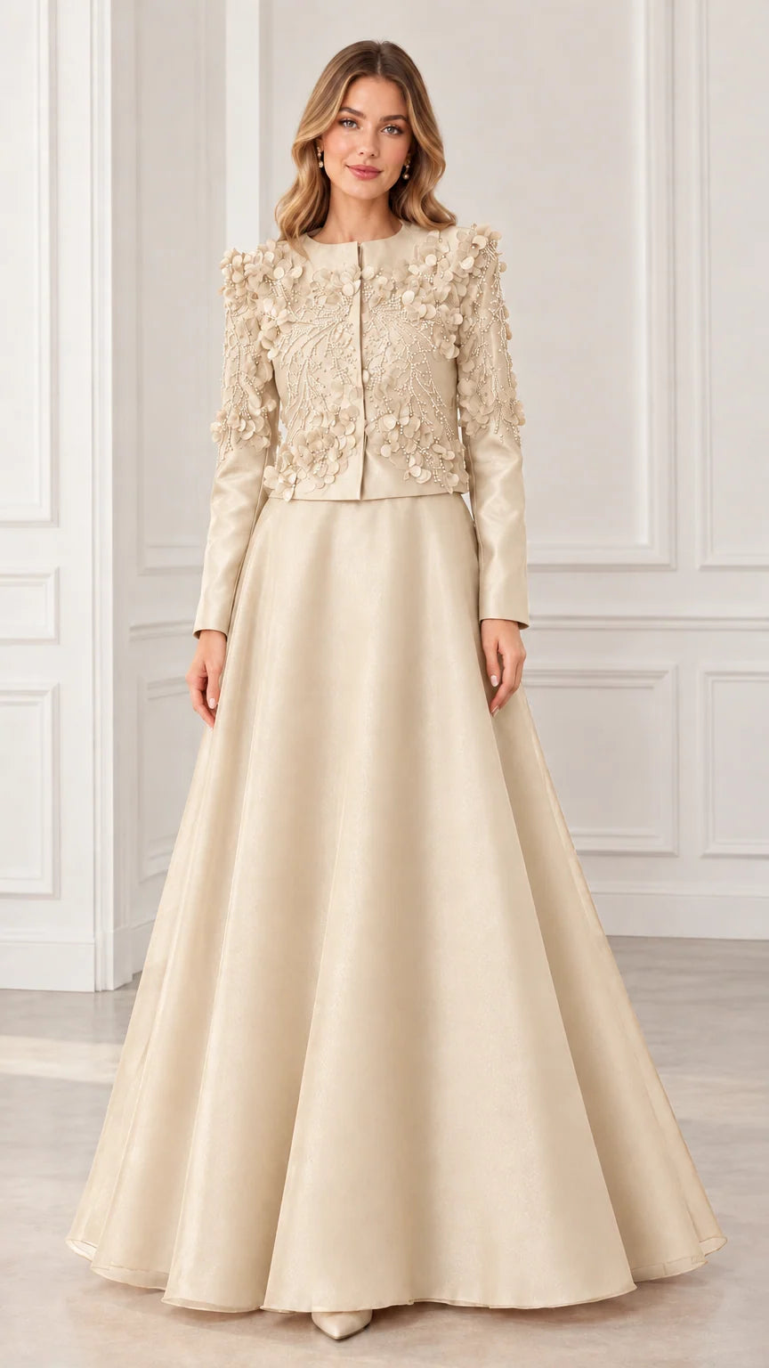 Champagne beige 3D floral embellished evening gown